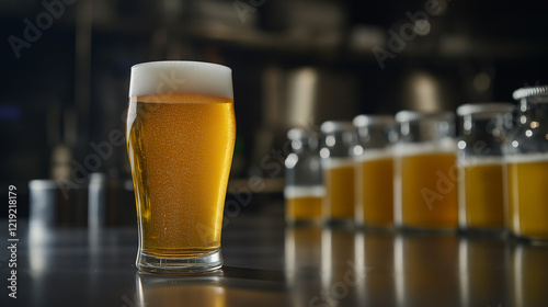 A freshly poured pint of wheat beer with a hazy golden glow, placed among glass jars of yeast cultures and brewing recipes in a cozy artisanal brewery setting. photo