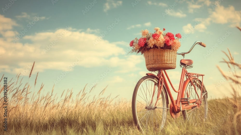 Naklejka premium Vintage Bicycle with Flower Basket in Serene Meadow Landscape