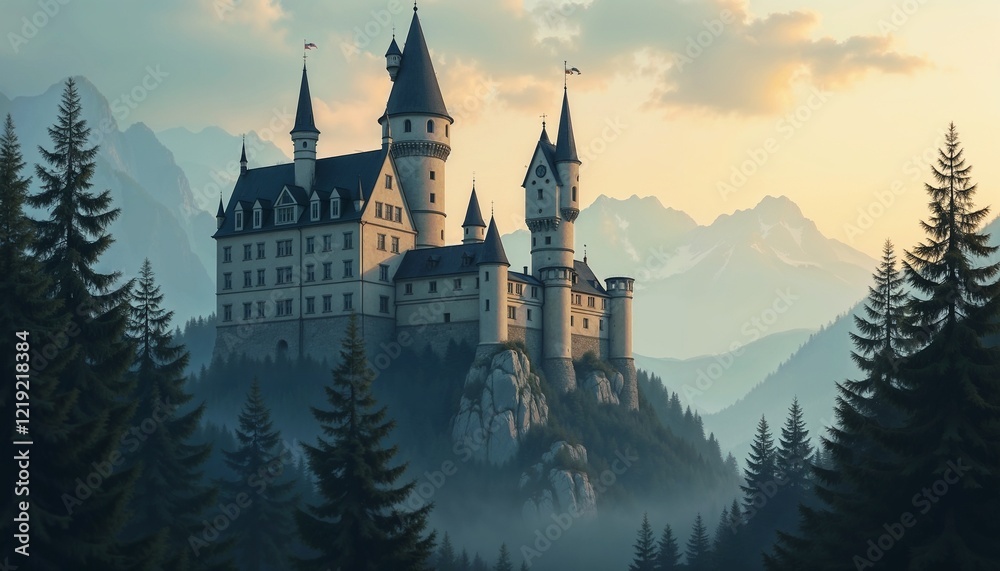 Fototapeta premium Fantasy castle in the mountains surrounded by trees during sunset 
