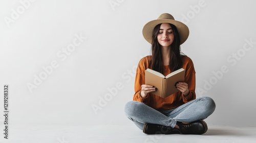 A young woman wearing a hat, sitting on the ground and reading a book with a calm expression, on a white isolated background