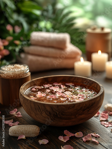A relaxing spa scene featuring a wooden bowl filled with warm water, floating flower petals, and herbal salts.