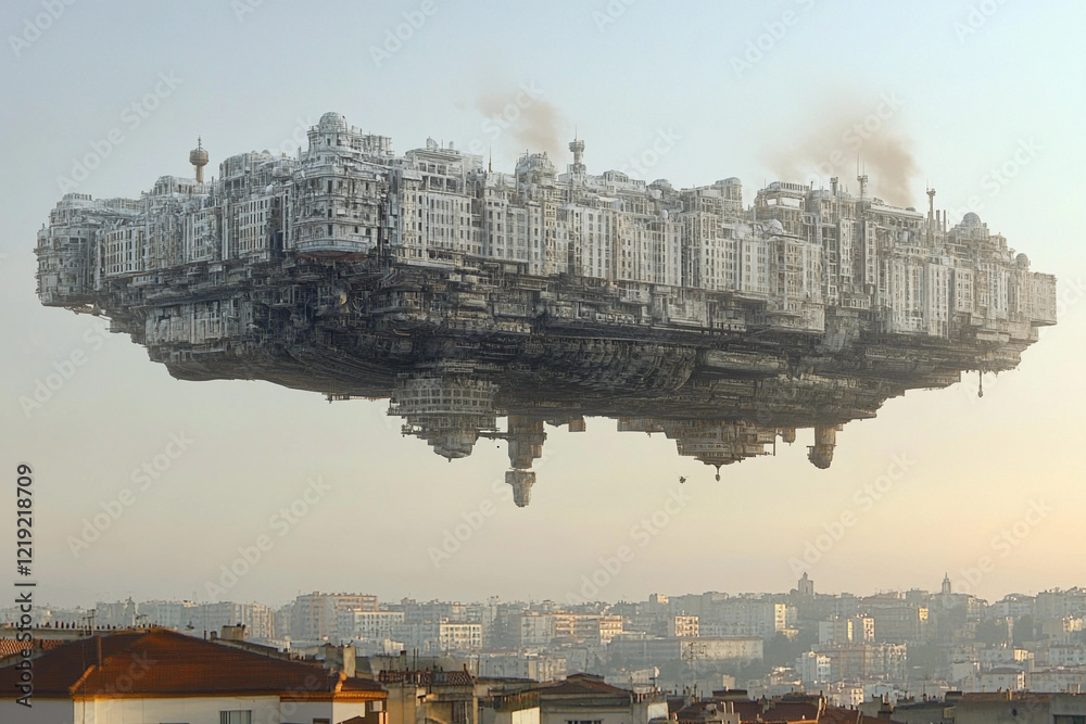 Fototapeta premium Floating industrial city above a modern skyline during golden hour