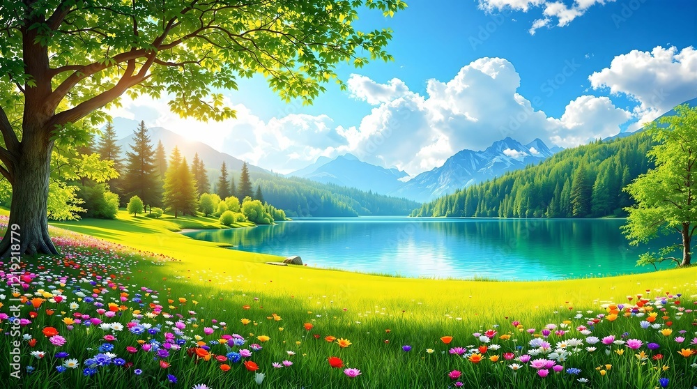 A stunning alpine meadow filled with vibrant wildflowers, framed by dramatic rocky peaks and lush green forests under a radiant, golden sunlit sky.