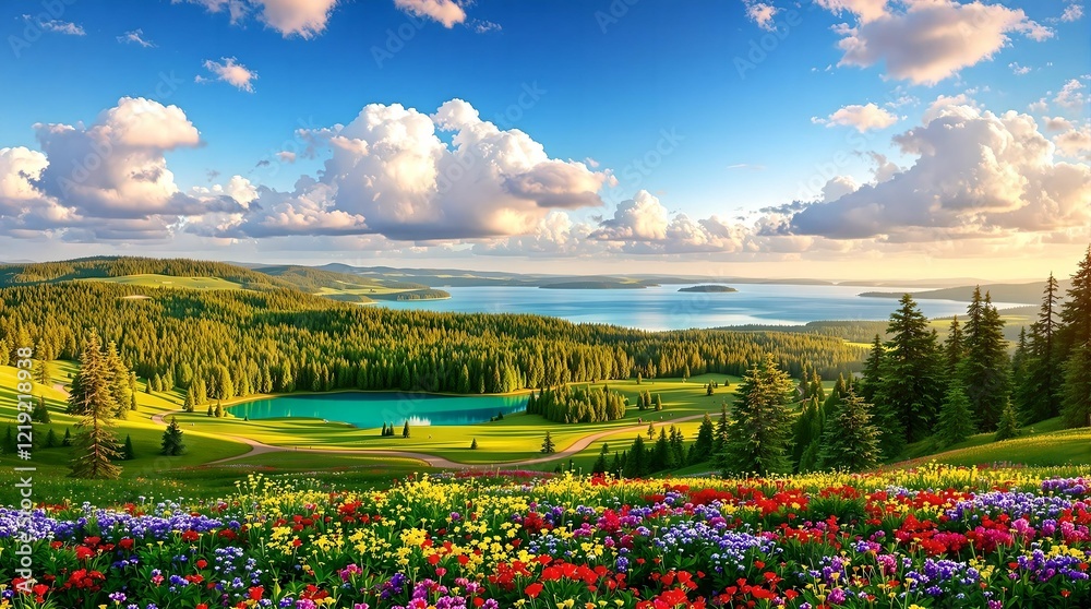A radiant alpine meadow in full bloom, framed by lush green trees and towering snow-capped mountains under a golden sunlit sky.