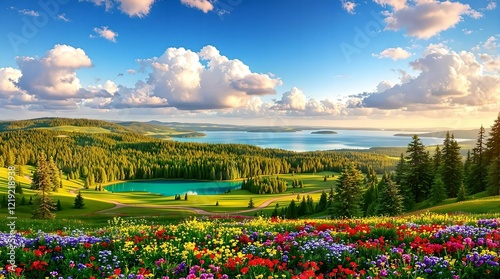 Obraz na płótnie A radiant alpine meadow in full bloom, framed by lush green trees and towering snow-capped mountains under a golden sunlit sky. w salonie