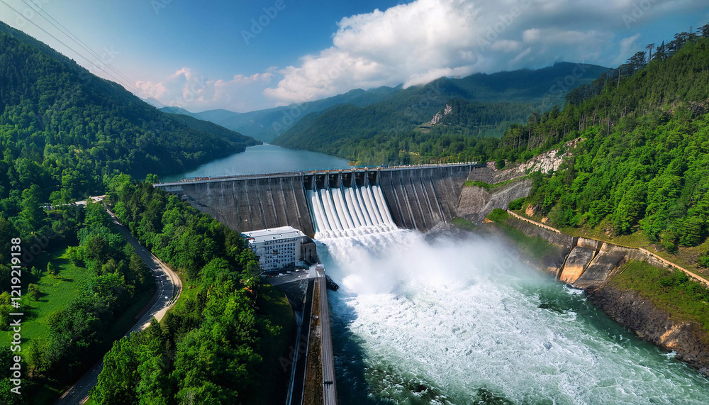 Hydro plant among the mountains of the fjord in sunny weather. Strong water flows, power generation at hydro station. Hydro plant among the mountains of the fjord in sunny weather. Strong water flows, power generation at hydro station.