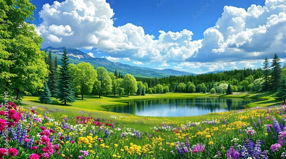 A breathtaking landscape featuring a crystal-clear lake reflecting towering snow-capped mountains, surrounded by lush green meadows, colorful wildflowers, and dense evergreen forests