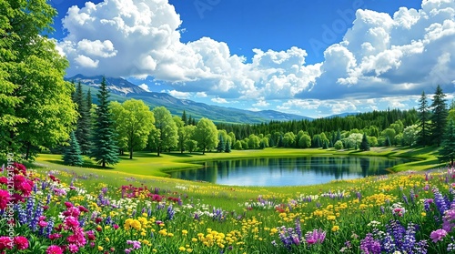 Obraz na płótnie A breathtaking landscape featuring a crystal-clear lake reflecting towering snow-capped mountains, surrounded by lush green meadows, colorful wildflowers, and dense evergreen forests w salonie