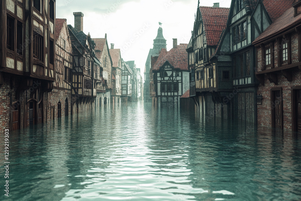 Fototapeta premium Flooded urban landscape depicts streets submerged in water with historic buildings in view near the city center during daylight