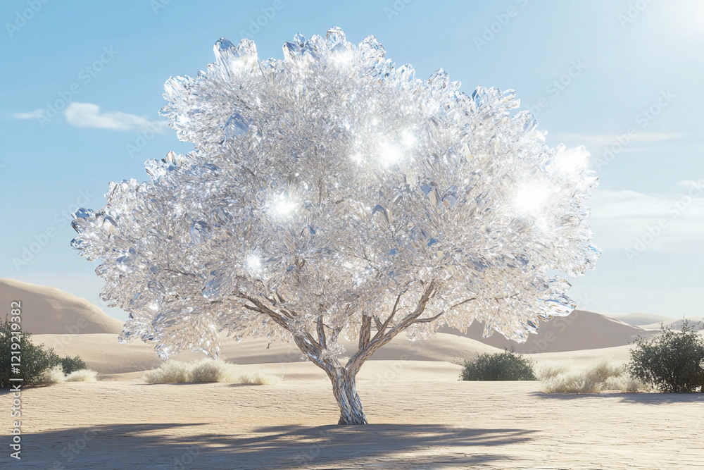 Fototapeta premium Shimmering metallic tree stands alone in a desert landscape with rugged red rock formations and a clear blue sky