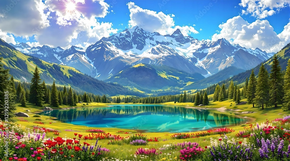 A stunning alpine meadow filled with vibrant wildflowers, framed by dramatic rocky peaks and lush green forests under a radiant, golden sunlit sky.