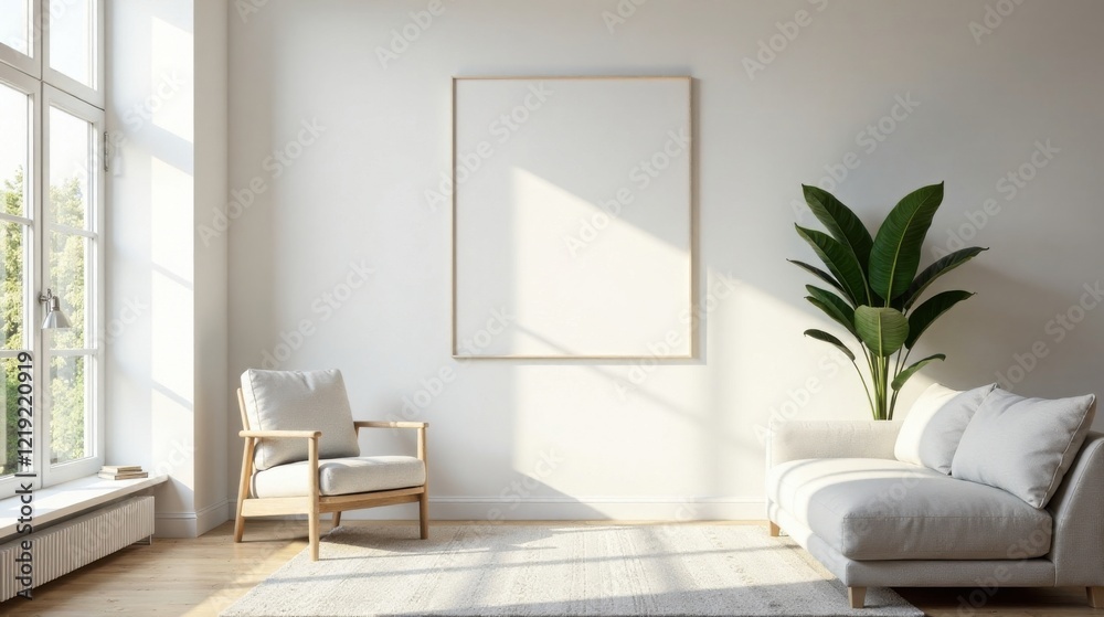 Sunlight streams through a large window illuminating a minimalist living room featuring a light-colored sofa, armchair, and a large blank canvas adding a touch of modern elegance Sunlight streams through a large window illuminating a minimalist living room featuring a light-colored sofa, armchair, and a large blank canvas adding a touch of modern elegance