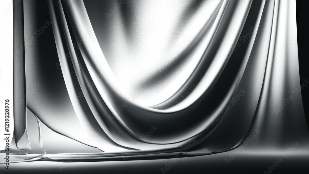 Fototapeta premium silver fabric, flowing drapery, silky texture, dramatic lighting, high contrast, black and white photography, abstract composition, smooth curves, reflective surface, studio setting, minimalist aesthe
