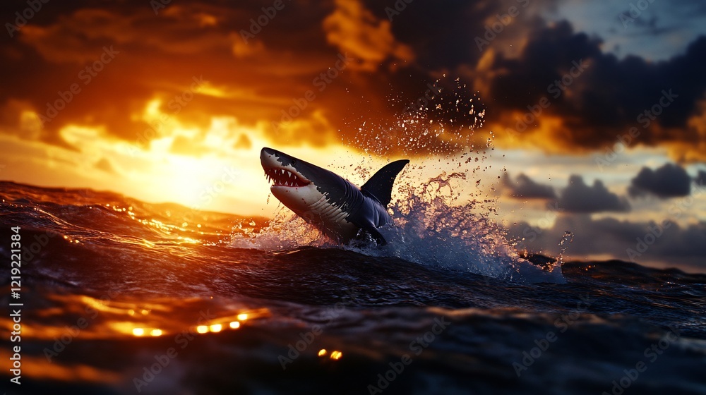 Fototapeta premium Majestic Shark Leaping at Sunset