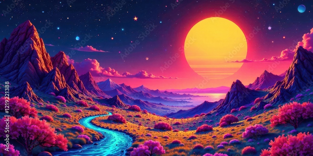 Vibrant Sunset Over a Serene Valley with a Flowing River and Blooming Trees Under a Starry Night Sky