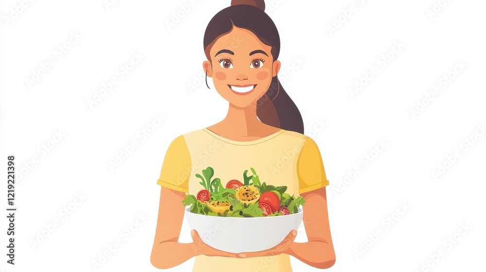A woman with a ponytail, smiling while holding a bowl of salad in the kitchen, on a white isolated background A woman with a ponytail, smiling while holding a bowl of salad in the kitchen, on a white isolated background