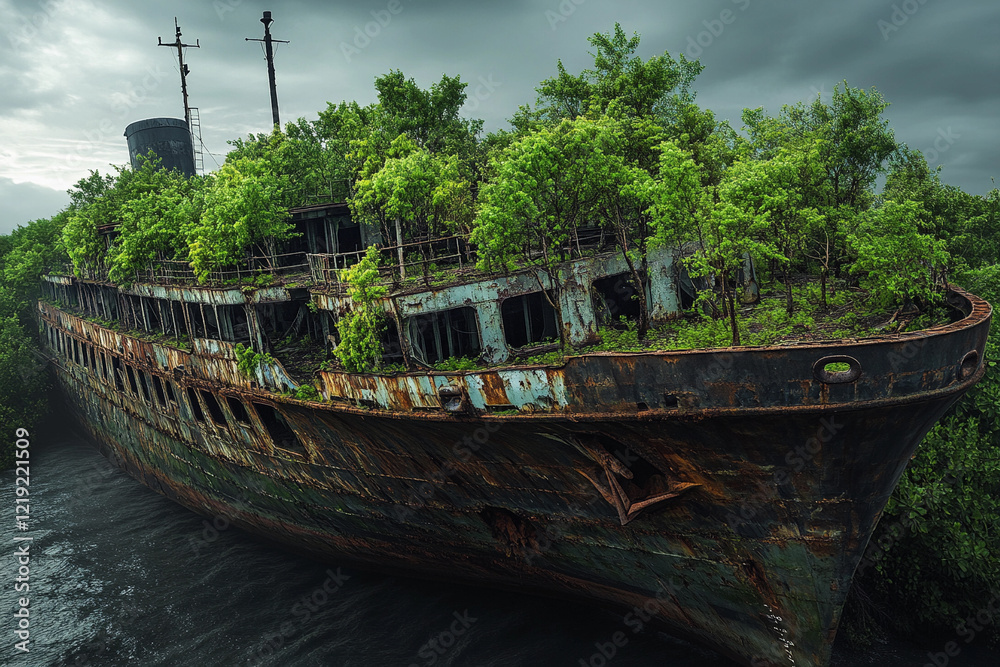 Abandoned ship overgrown with plants in a tranquil bay showcasing nature’s reclamation of man-made structures Abandoned ship overgrown with plants in a tranquil bay showcasing nature’s reclamation of man-made structures