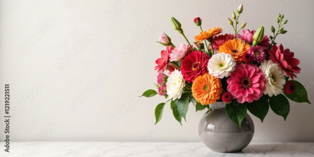 Fototapeta premium Vibrant Gerbera Daisies in a Gray Vase, a Stunning Floral Arrangement on a Marble Surface Against a Neutral Background
