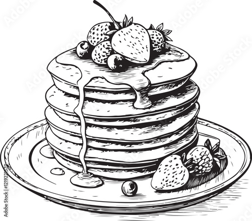 Portion of Pancakes with Berries and Syrup for Breakfast Sketch Drawing Linear Line Art Engraving Black and White Vector Illustration