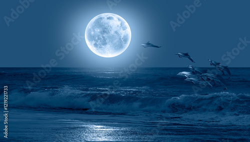 Fototapeta Naklejka Na Ścianę i Meble -  Silhoutte of beautiful dolphin jumping up from the sea at sunset with full moon 