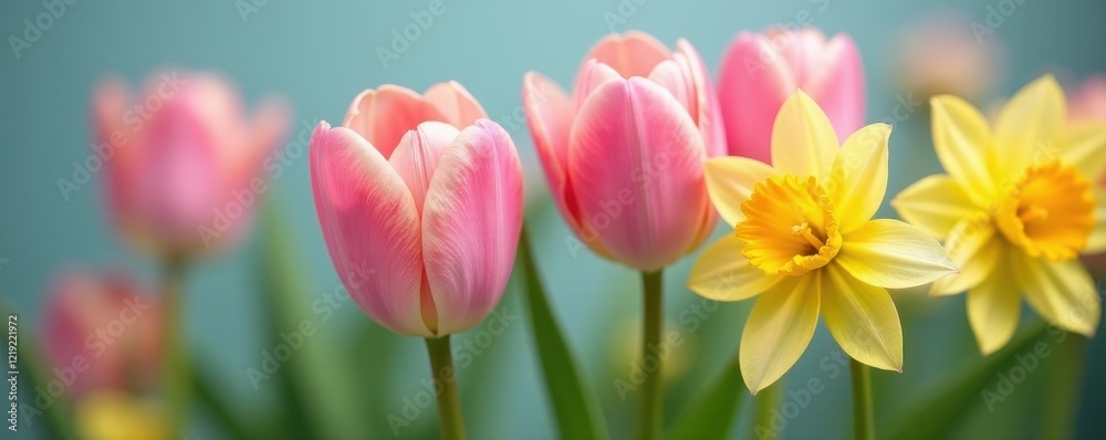 Fototapeta premium Close-up of delicate spring tulips and daffodils , yellow, daffodil, macro