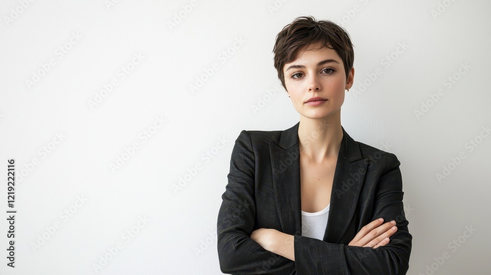A woman with short hair, wearing a blazer, standing confidently with her arms crossed, on a white isolated background A woman with short hair, wearing a blazer, standing confidently with her arms crossed, on a white isolated background
