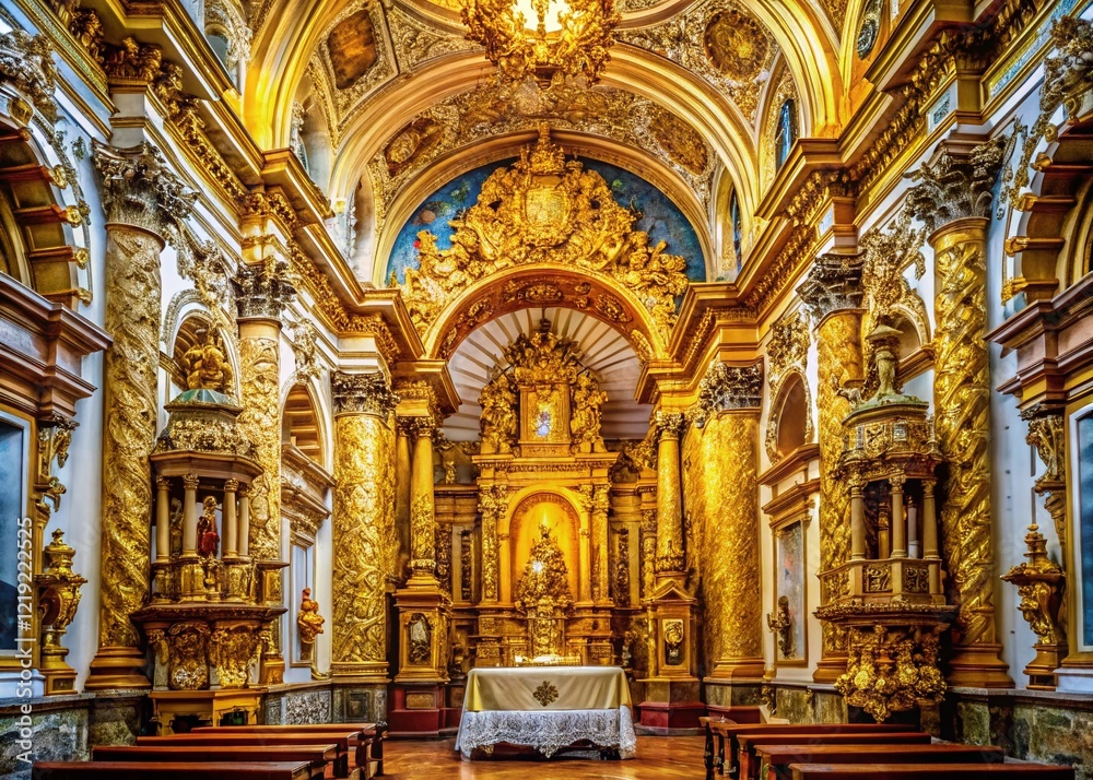 Panoramic View of Baroque Gold Leaf Altar in Historic Pelourinho Church, Salvador, Bahia, Brazil Panoramic View of Baroque Gold Leaf Altar in Historic Pelourinho Church, Salvador, Bahia, Brazil