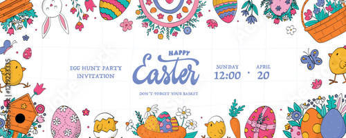 Easter banner decorated with lettering quote and frame of doodles. Good for prints, invitations, templates, cards, social media covers, etc. EPS 10