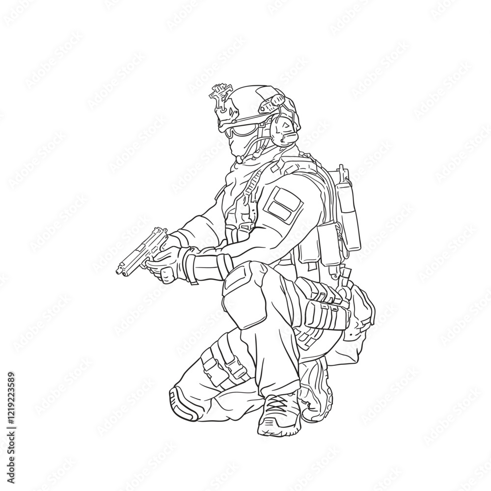 Fototapeta premium tactical army standby with weapon in sketch lineart vector style