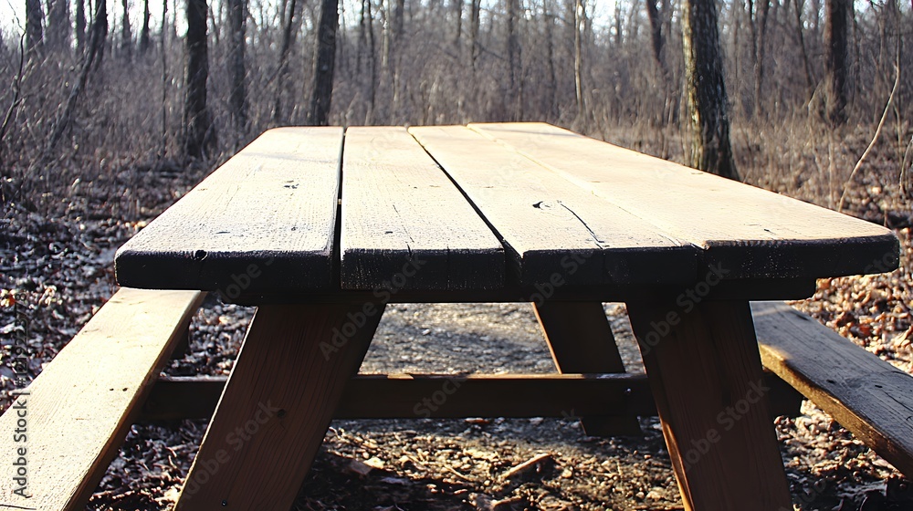 Fototapeta premium Rustic Wooden Picnic Table in a Forest Setting