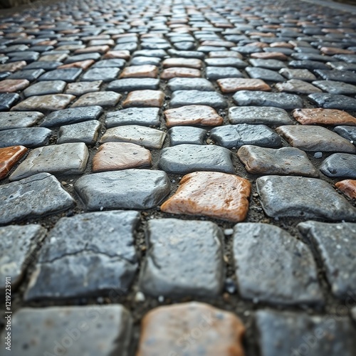 Cobblestone pavement, uneven surfaces, diverse colors of individual stones. 