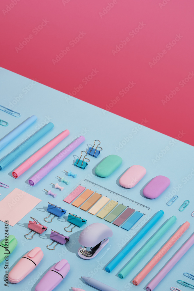 Stationery backdrop with markers, felt-tip pens, paper clips, erasers, stickers in pastel colors neatly laid on a light blue and pink background. Copyspace, selective focus. Stationery backdrop with markers, felt-tip pens, paper clips, erasers, stickers in pastel colors neatly laid on a light blue and pink background. Copyspace, selective focus.