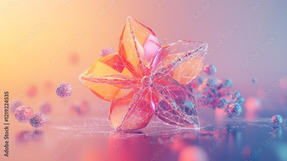Fototapeta premium A DNA origami structure shaped like a flower, with molecular bonds highlighted in neon colors, surrounded by floating particles and a gentle gradient background, 16:9