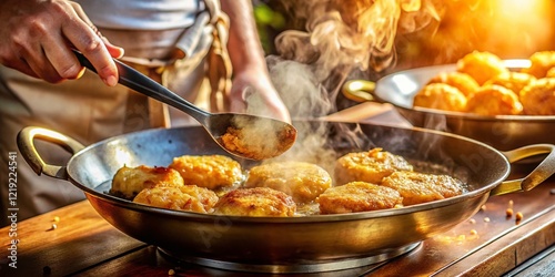 Panoramic View of Delicious Potato Fritters Cooking in a Frying Pan photo