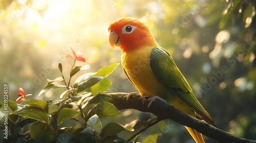 A lifelike depiction of a Carolina parakeet perched on a tree limb in the wild