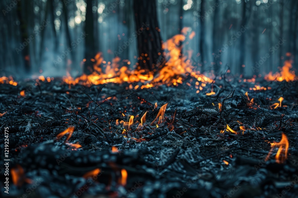 Flames engulfing dry leaves and branches on the forest floor, creating a smoky haze Flames engulfing dry leaves and branches on the forest floor, creating a smoky haze