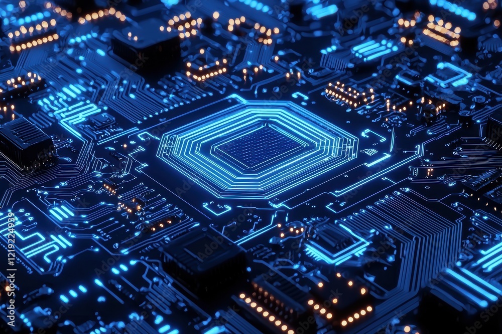 Futuristic blue circuit board background depicting advanced electronic technology Futuristic blue circuit board background depicting advanced electronic technology
