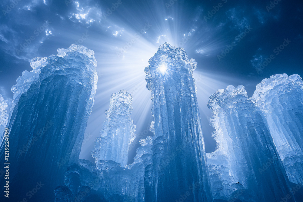 Majestic ice formations illuminated by soft light create an enchanting underground scene in a cave Majestic ice formations illuminated by soft light create an enchanting underground scene in a cave