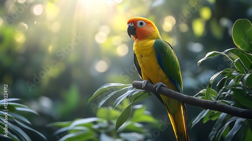 A lifelike depiction of a Carolina parakeet perched on a tree limb in the wild