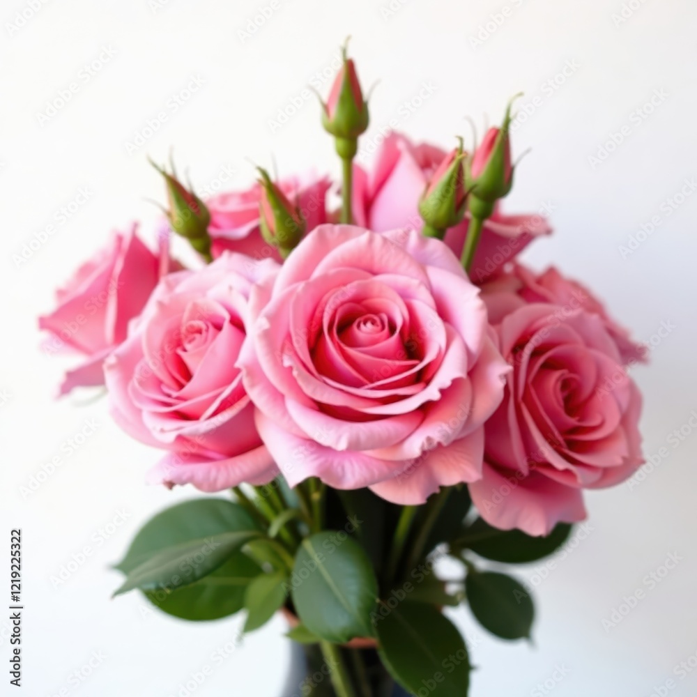 Elegant pink rose bouquet, lush blooms, white background, fresh, arrangement, macro Elegant pink rose bouquet, lush blooms, white background, fresh, arrangement, macro