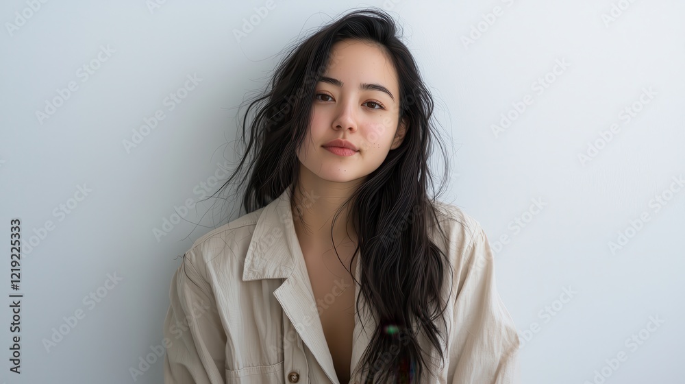A young woman wearing a casual outfit, standing in front of a white wall, looking confident and playful, on a white isolated background A young woman wearing a casual outfit, standing in front of a white wall, looking confident and playful, on a white isolated background