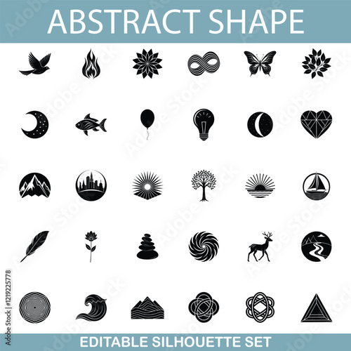 Editable Silhouette Set Abstract Shapes, Nature, and Symbols