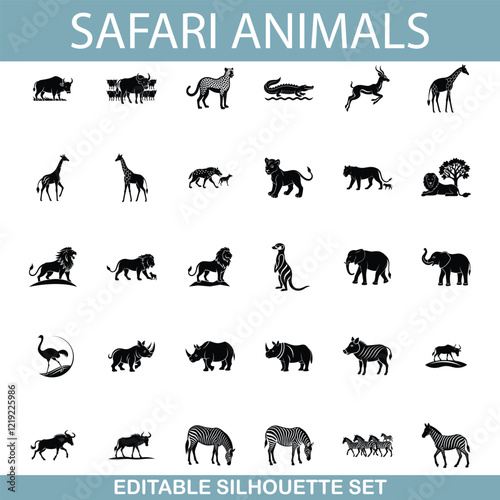 Safari Animals Editable Silhouette Set of African Wildlife photo