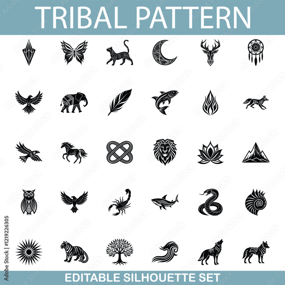 Fototapeta premium Editable Tribal Pattern Silhouette Set Animals, Symbols, and Nature