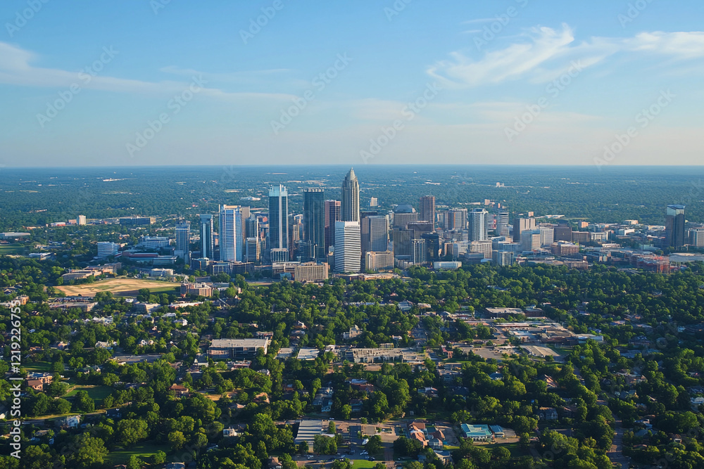 Fototapeta premium Urban skyline reflecting in calm water during late afternoon with clouds in the sky
