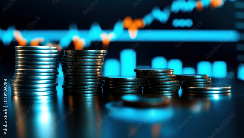 Financial growth, stacked coins, stock market chart, blue and orange glow, data visualization, economic trends, investment concept, dark background, financial analysis, trading graph, metallic currenc Financial growth, stacked coins, stock market chart, blue and orange glow, data visualization, economic trends, investment concept, dark background, financial analysis, trading graph, metallic currenc