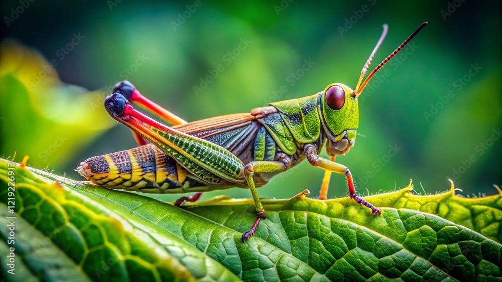 Fototapeta premium Panoramic View of Grasshopper on Leaf - Nature Macro Photography