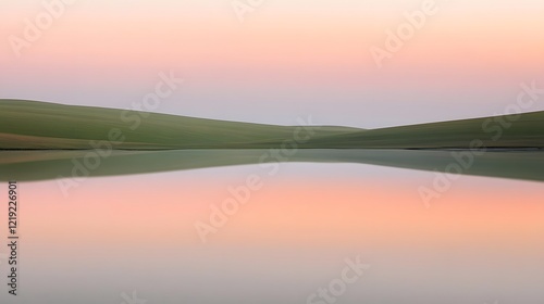 Serene Sunset Reflection- Calm Lake and Rolling Hills Landscape photo