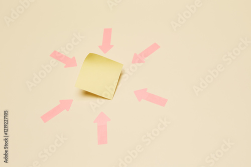 Six red arrow stickers pointing from different directions to the one sticker note sheet located in the center photo