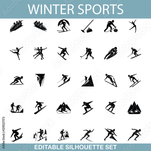 Winter Sports Editable Silhouette Set Skiing, Snowboarding, Ice Skating